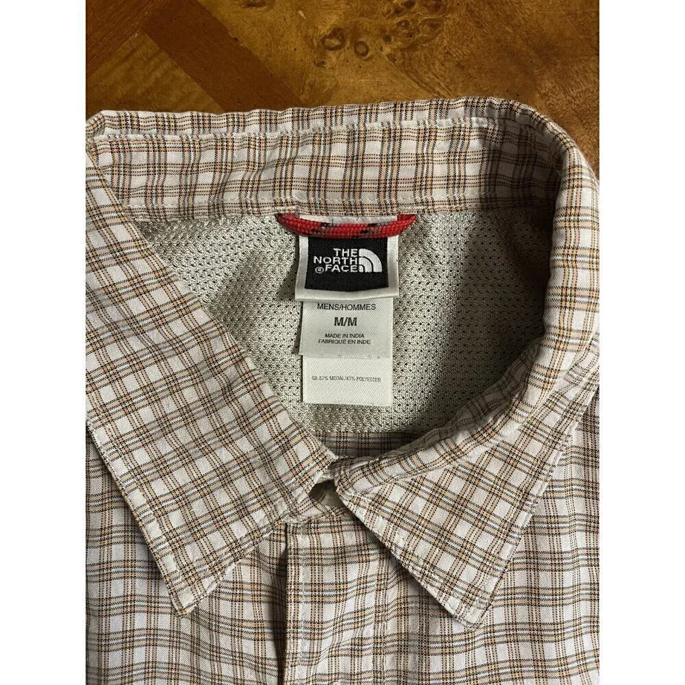 The North Face Short Sleeve Beige Plaid Shirt Hook & Loop Zip Pockets Men's Sz M